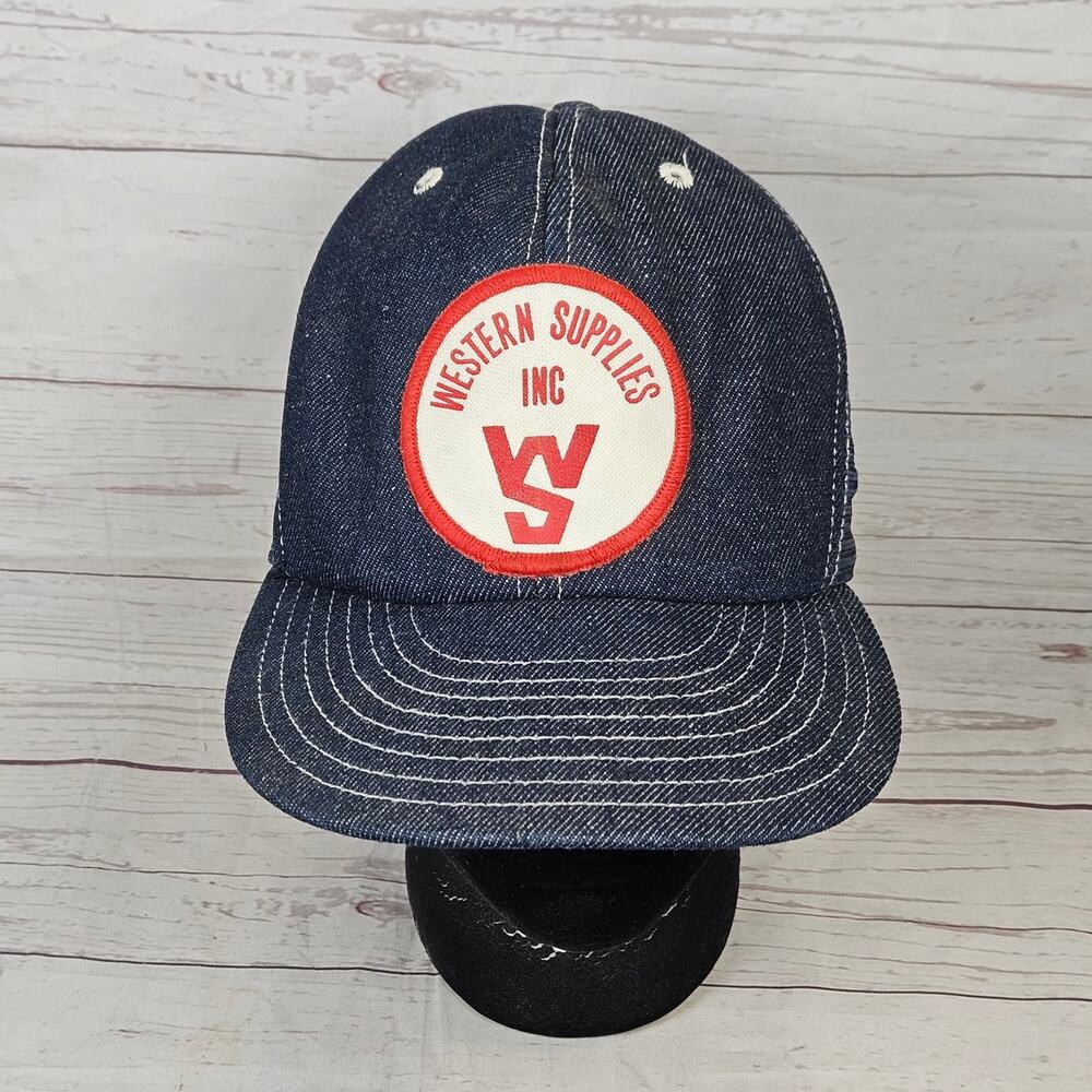 Vintage Western Supplies DeLONG Trucker Hat Adjustable Dark Blue Denim Mesh